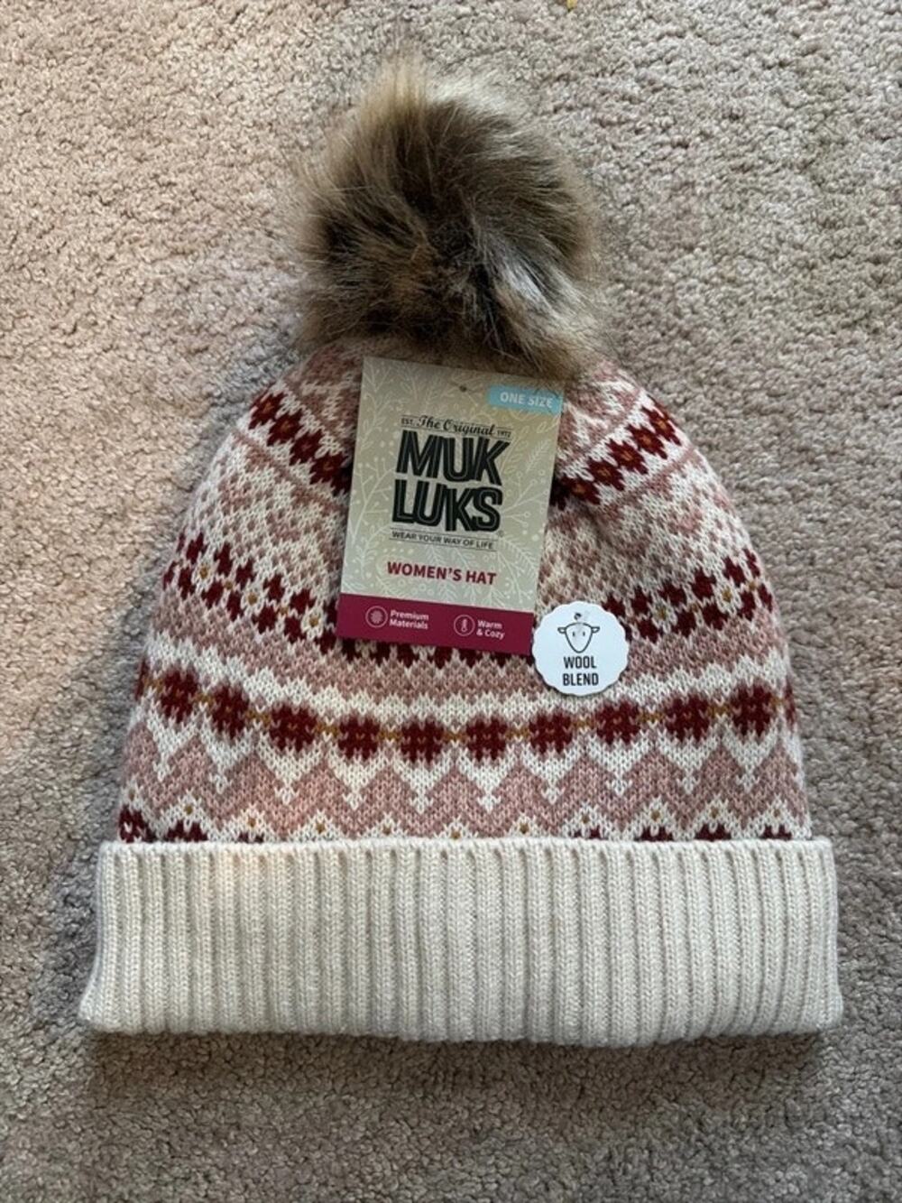 Muk Luks Women's Fair Isle Cuff Knit Beanie Wool Blend